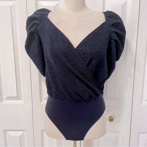 Express Sweetheart neckline and Puff Sleeve Navy Wrap Top Bodysuit
